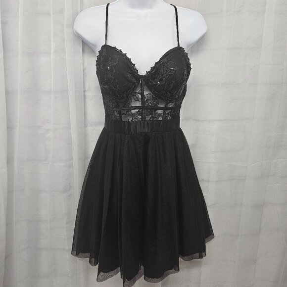 Midnight Doll Y2K Babydoll Dress Mini Black Lace Fairy Chiffon Mesh 3 - Picture 1 of 12